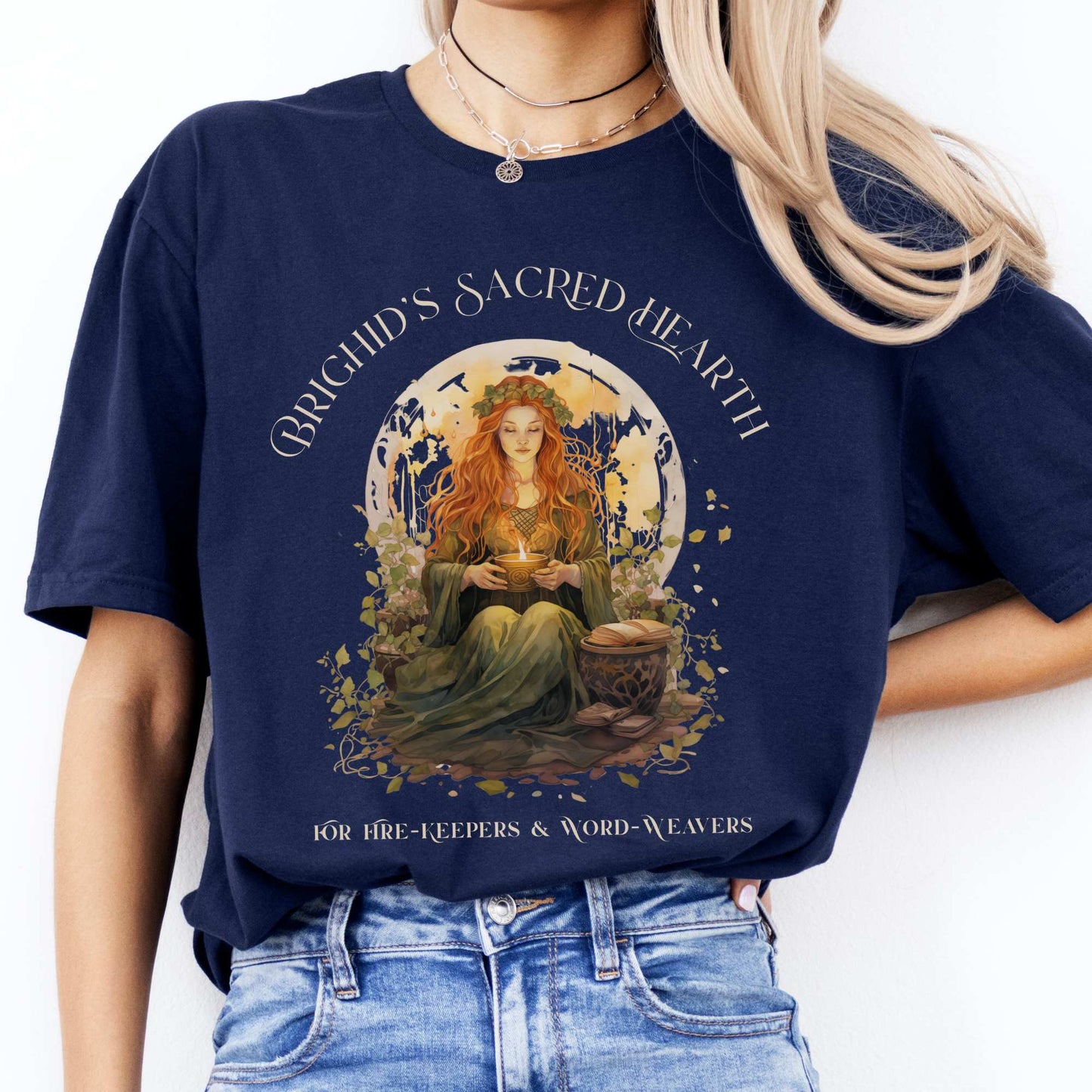 Brighid's Sacred Hearth T-Shirt – Celtic Goddess Tee Navy / S T-Shirt The Mystic Eden Bookish Book Lovers