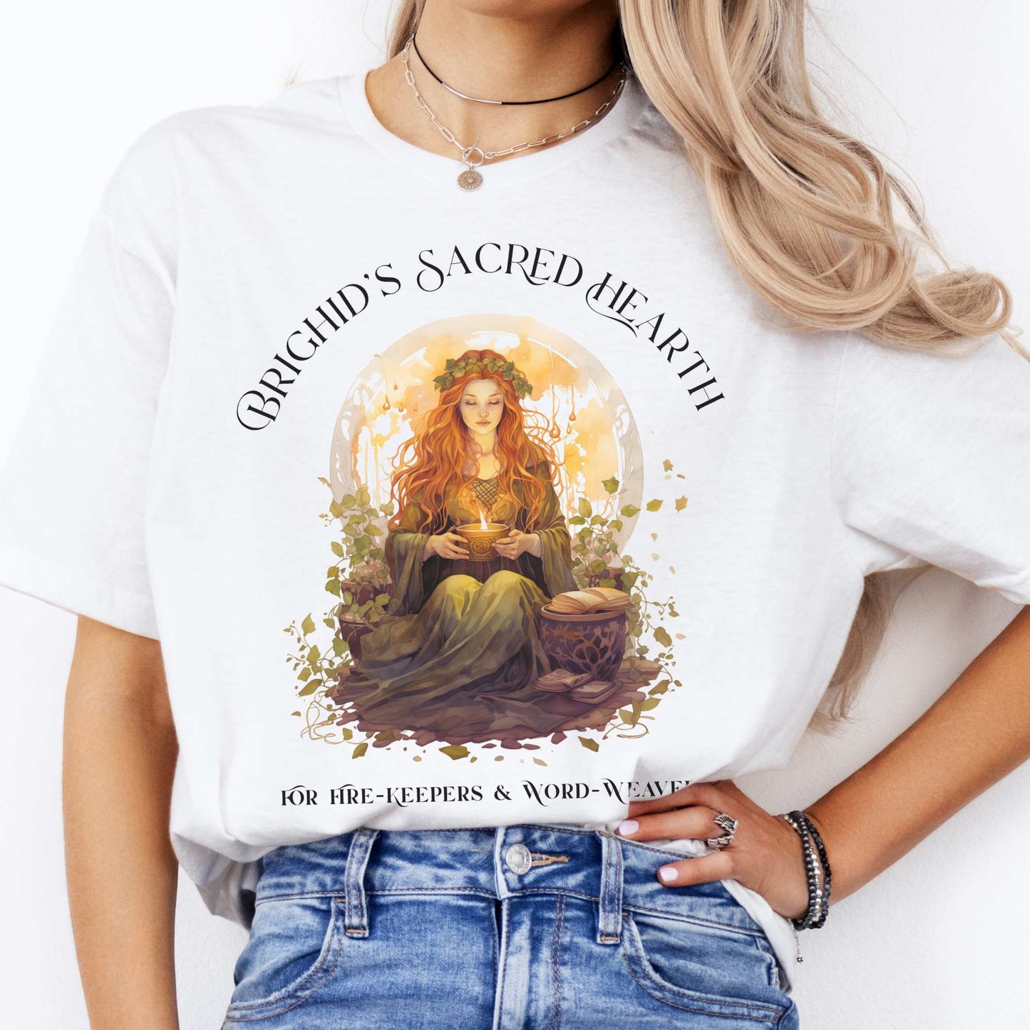 Brighid's Sacred Hearth T-Shirt – Celtic Goddess Tee White / S T-Shirt The Mystic Eden Bookish Book Lovers