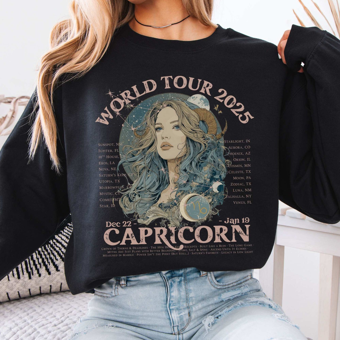 Capricorn Concert Sweatshirt - Zodiac World Tour 2025 Sweatshirt Black / S Sweatshirt The Mystic Eden Bookish Book Lovers