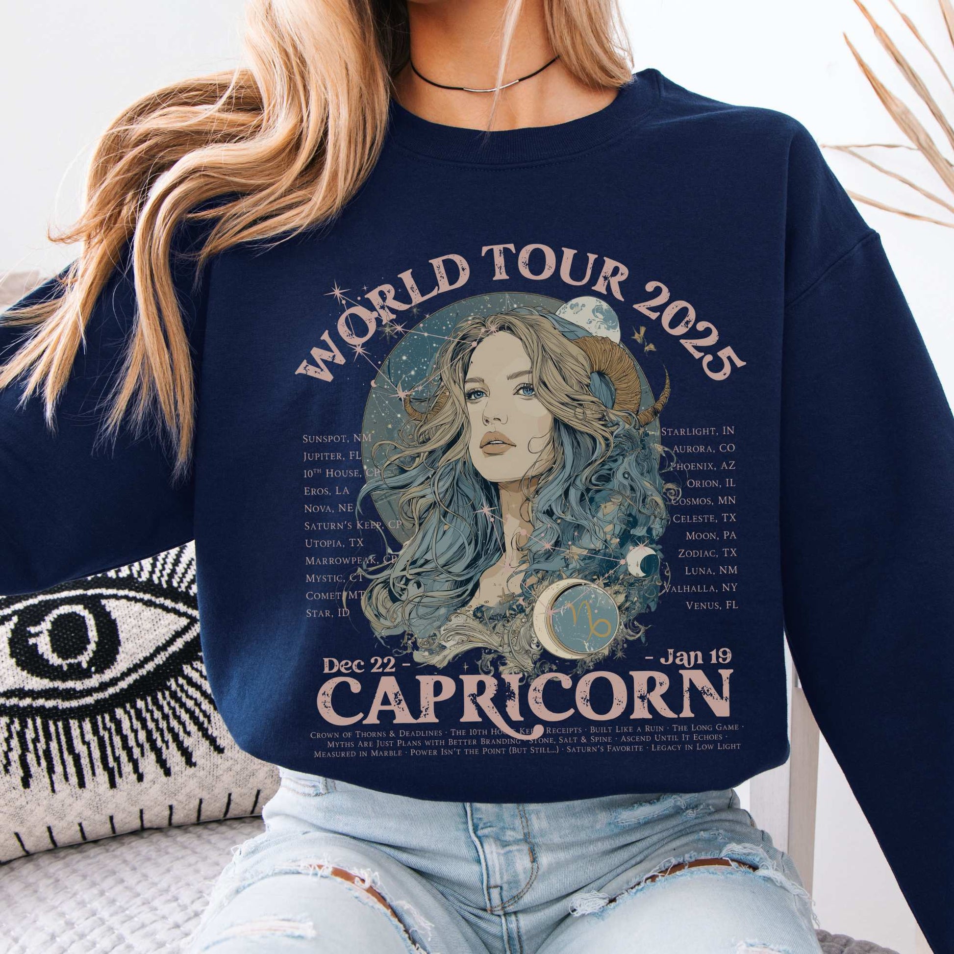 Capricorn Concert Sweatshirt - Zodiac World Tour 2025 Sweatshirt Navy / S Sweatshirt The Mystic Eden Bookish Book Lovers