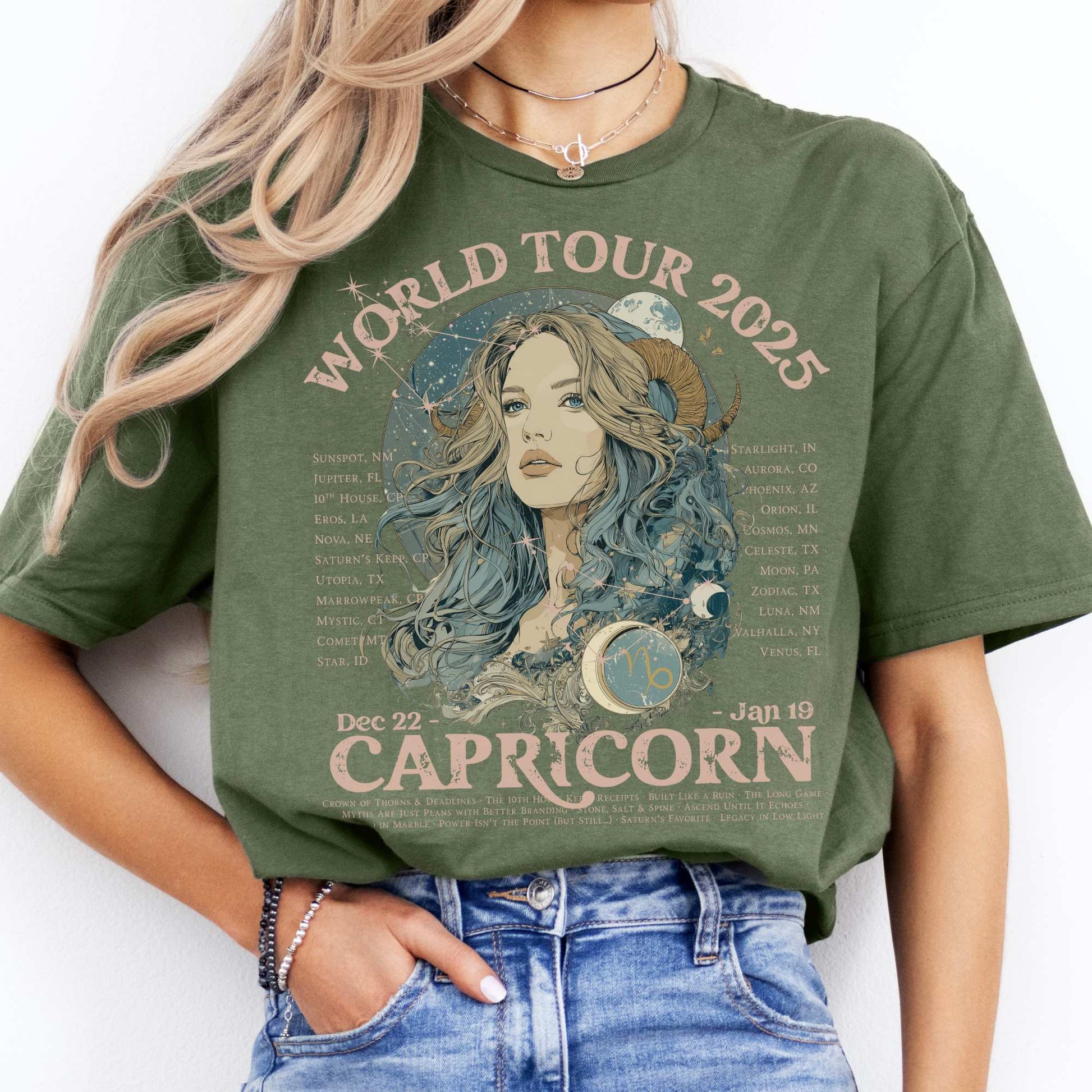 Capricorn Zodiac Concert T-Shirt - Zodiac World Tour 2025 Shirt Military Green / S T-Shirt The Mystic Eden Bookish Book Lovers