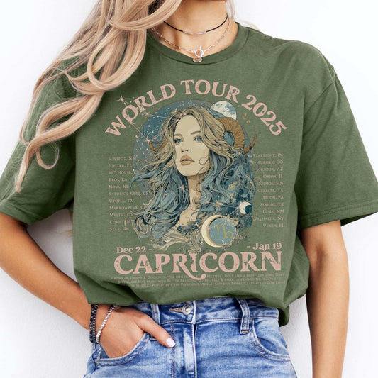 Capricorn Zodiac Concert T-Shirt - Zodiac World Tour 2025 Shirt Military Green / S T-Shirt The Mystic Eden Bookish Book Lovers