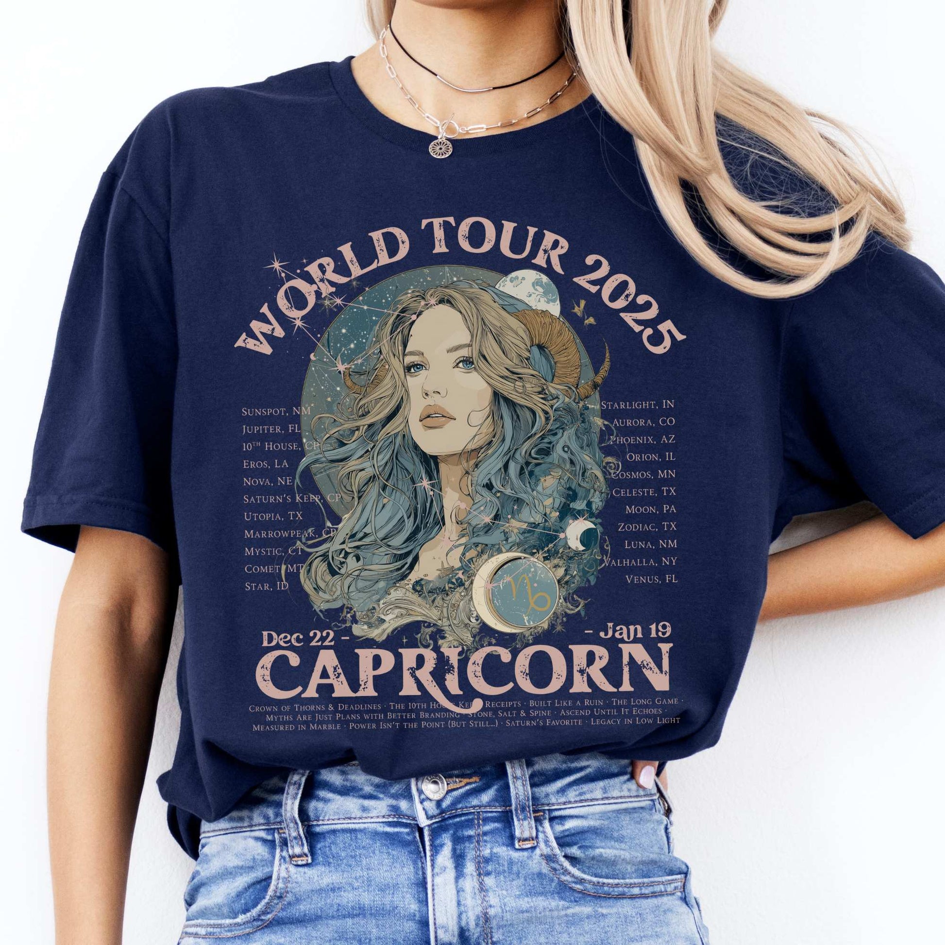 Capricorn Zodiac Concert T-Shirt - Zodiac World Tour 2025 Shirt Navy / S T-Shirt The Mystic Eden Bookish Book Lovers