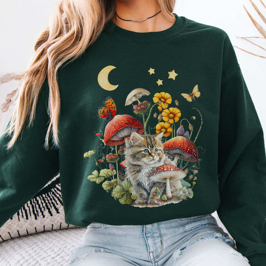 Cat Cottagecore Sweatshirt Forest Green / S Sweatshirt The Mystic Eden Bookish Book Lovers