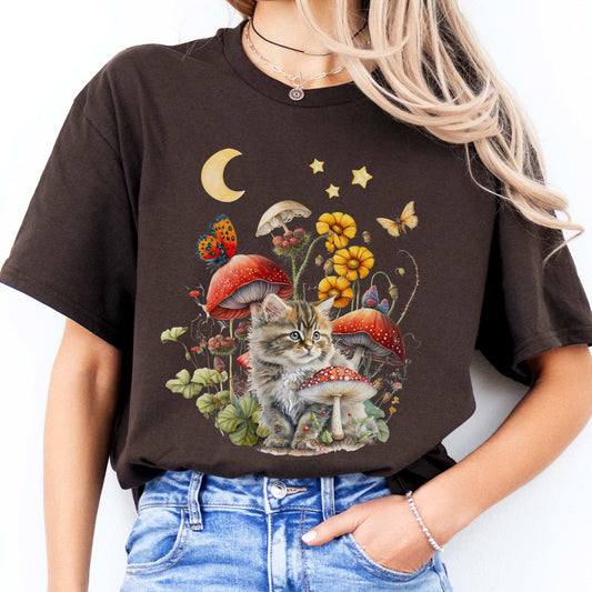 Cat Cottagecore T-Shirt Dark Chocolate / S T-Shirt The Mystic Eden Bookish Book Lovers