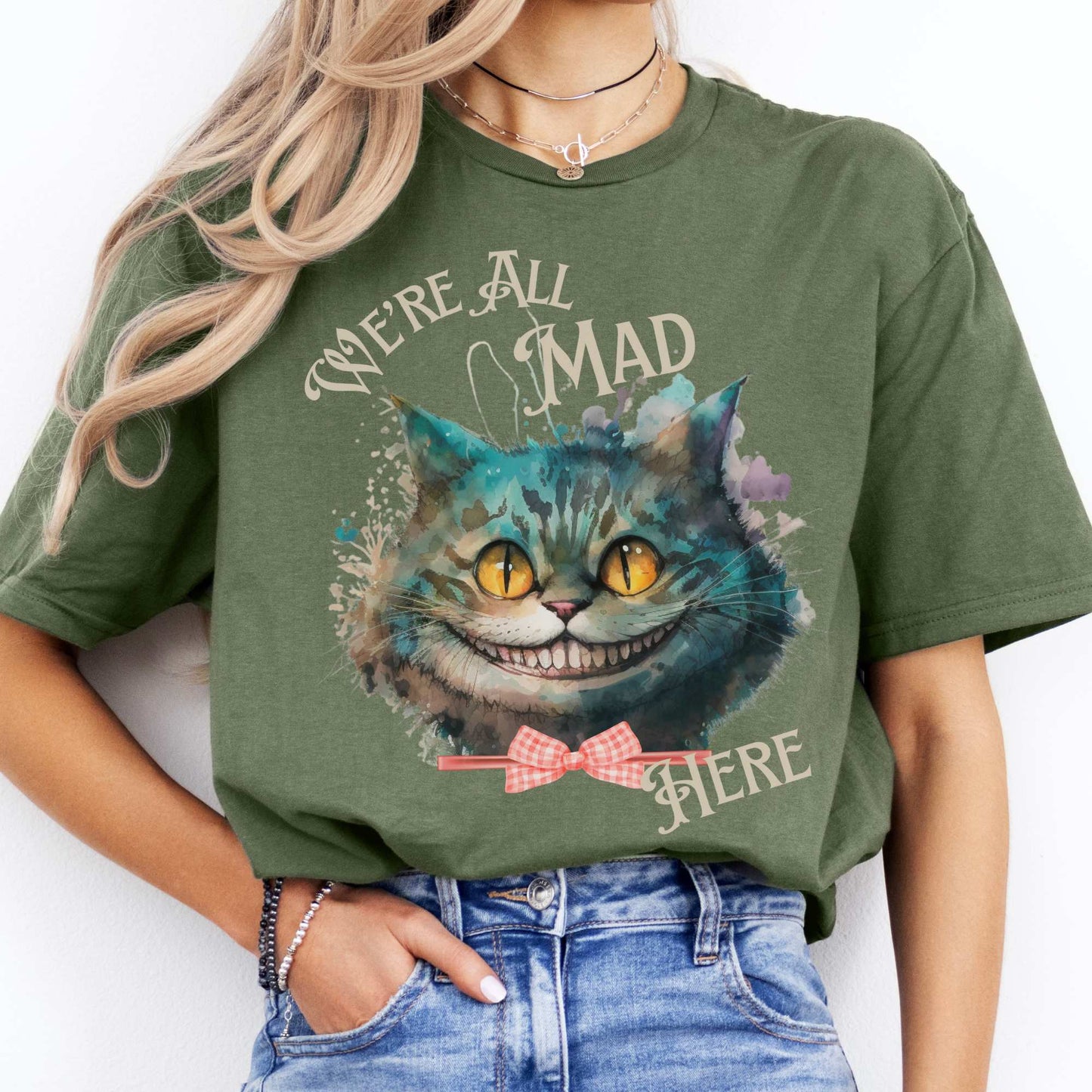 Cheshire Cat Alice in Wonderland T-Shirt Military Green / S T-Shirt The Mystic Eden Bookish Book Lovers