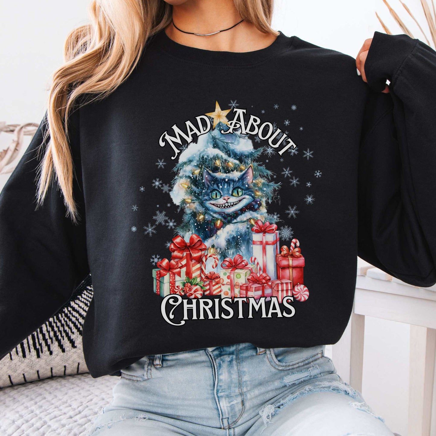 Cheshire Cat Mad About Christmas Sweatshirt Black / S Sweatshirt The Mystic Eden Bookish Book Lovers
