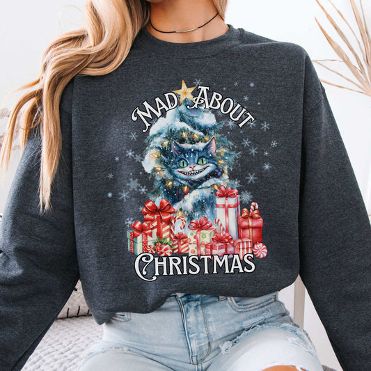 Cheshire Cat Mad About Christmas Sweatshirt Dark Heather / S Sweatshirt The Mystic Eden Bookish Book Lovers