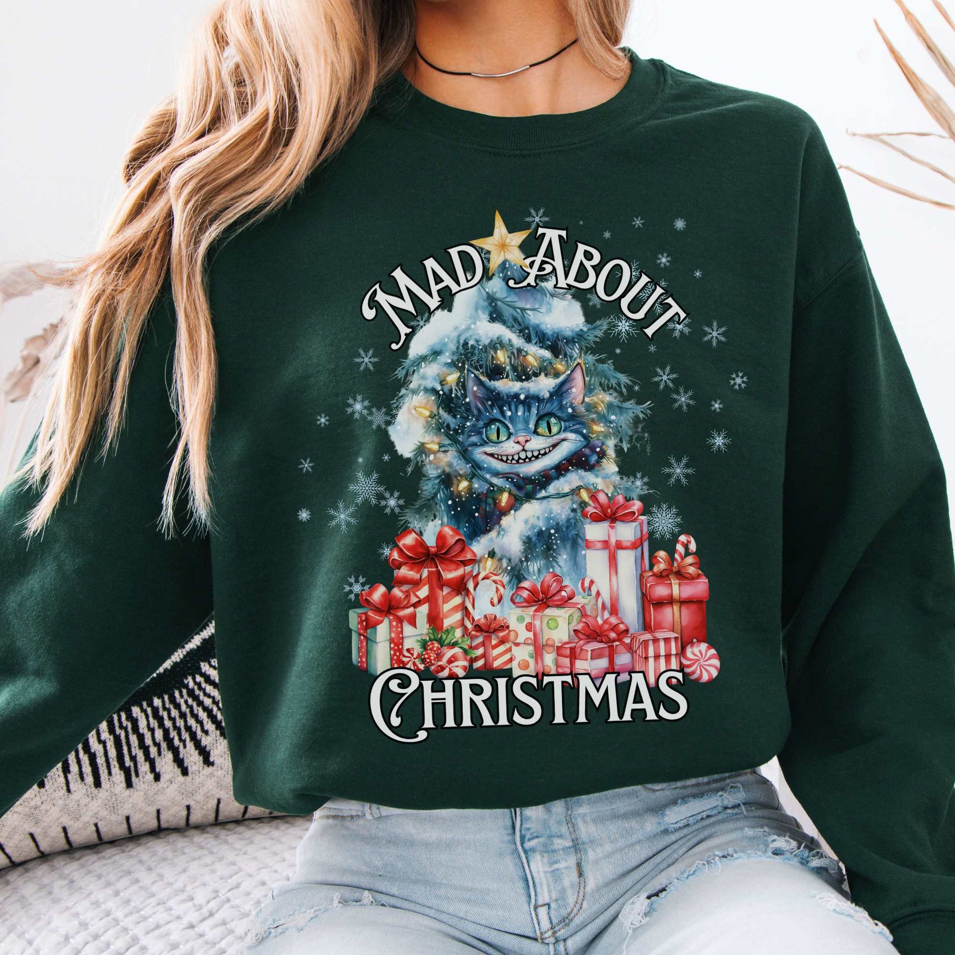 Cheshire Cat Mad About Christmas Sweatshirt Forest Green / S Sweatshirt The Mystic Eden Bookish Book Lovers