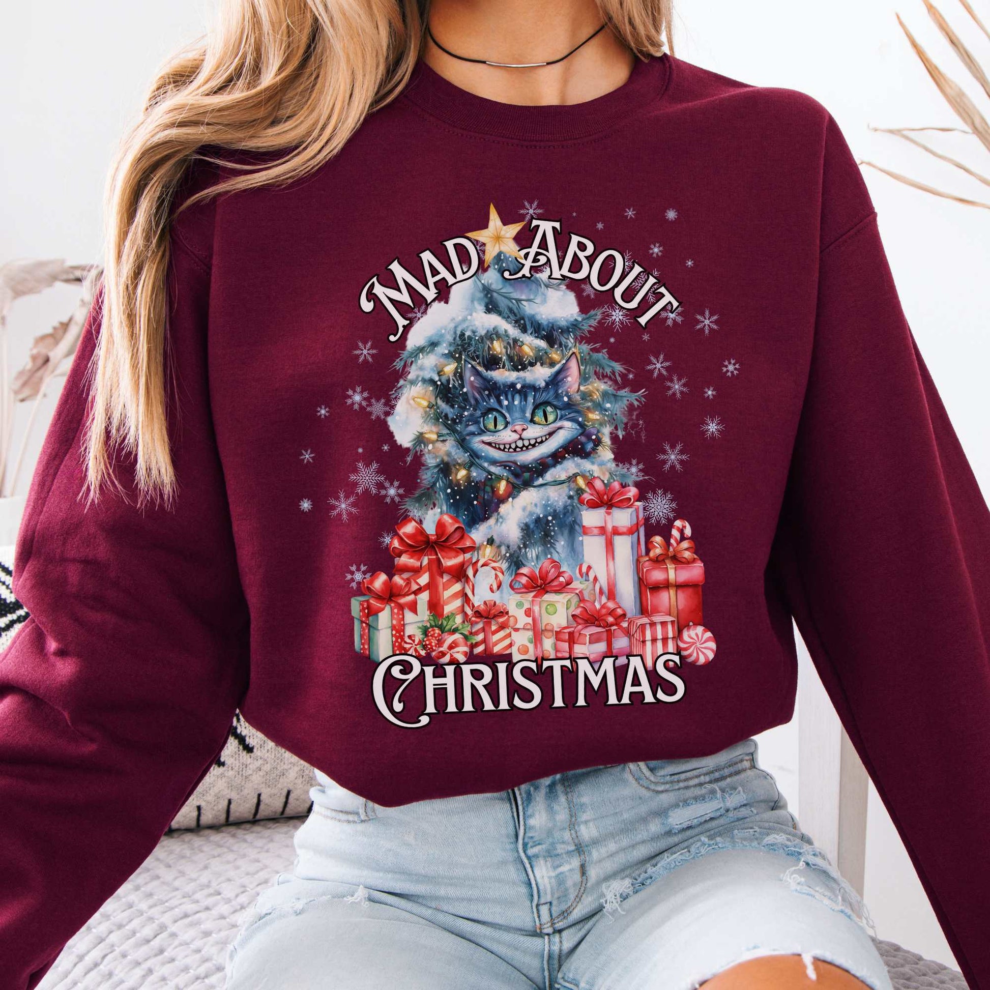 Cheshire Cat Mad About Christmas Sweatshirt Maroon / S Sweatshirt The Mystic Eden Bookish Book Lovers