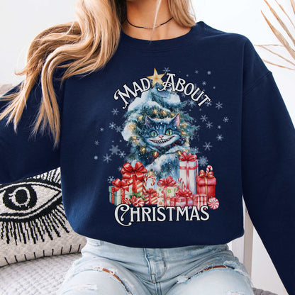 Cheshire Cat Mad About Christmas Sweatshirt Navy / S Sweatshirt The Mystic Eden Bookish Book Lovers