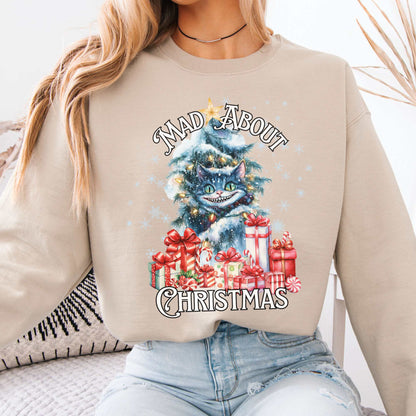 Cheshire Cat Mad About Christmas Sweatshirt Sand / S Sweatshirt The Mystic Eden Bookish Book Lovers
