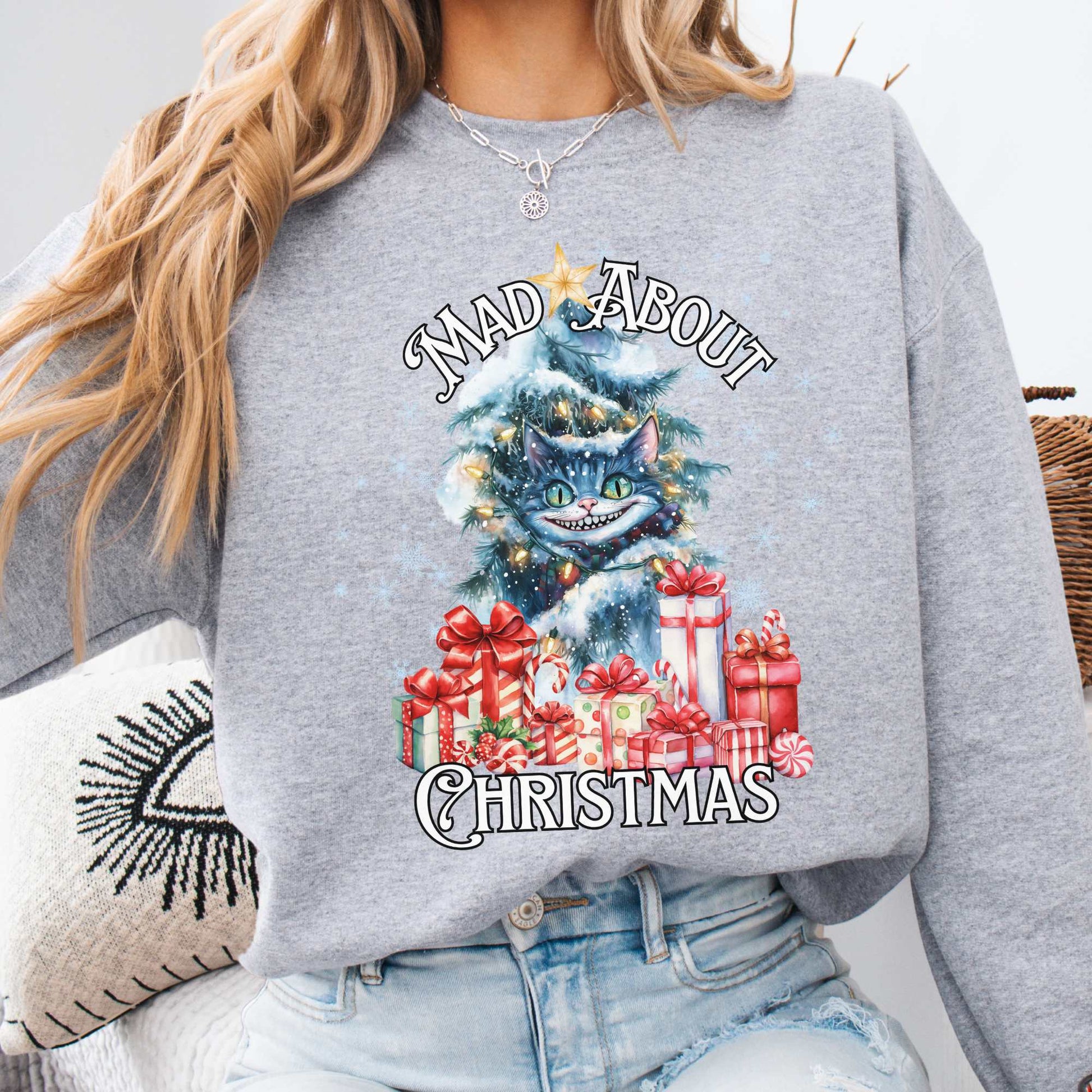Cheshire Cat Mad About Christmas Sweatshirt Sport Grey / S Sweatshirt The Mystic Eden Bookish Book Lovers