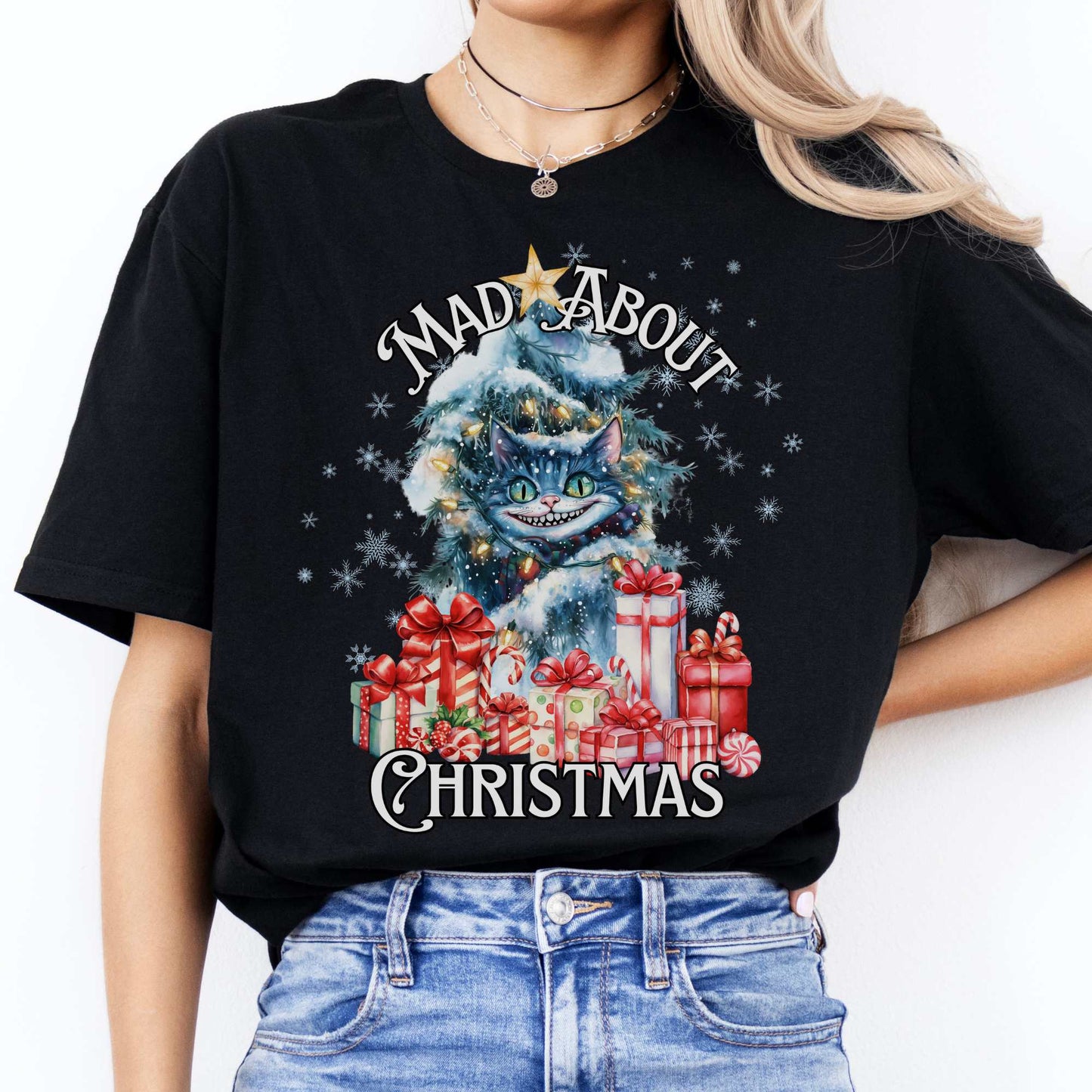 Cheshire Cat Mad About Christmas Tee Black / S T-Shirt The Mystic Eden Bookish Book Lovers