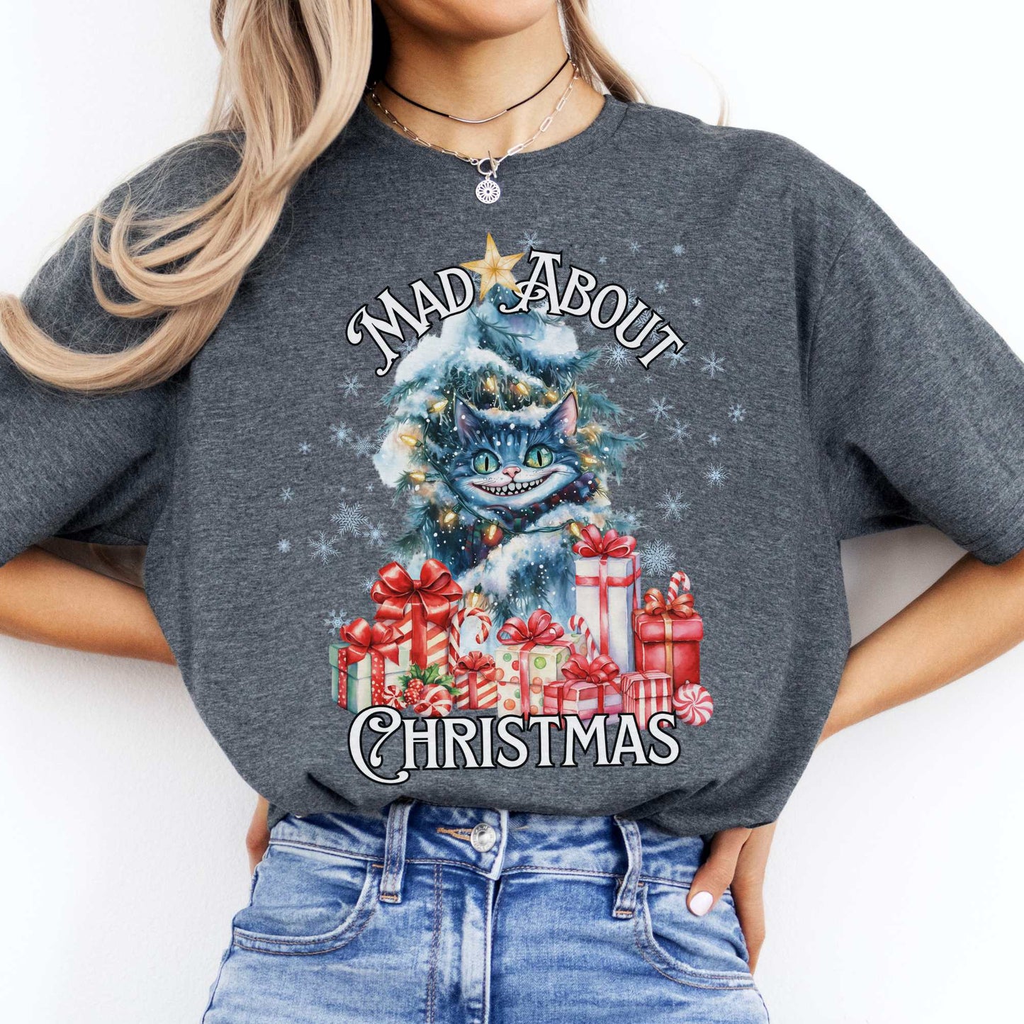 Cheshire Cat Mad About Christmas Tee Dark Heather / S T-Shirt The Mystic Eden Bookish Book Lovers
