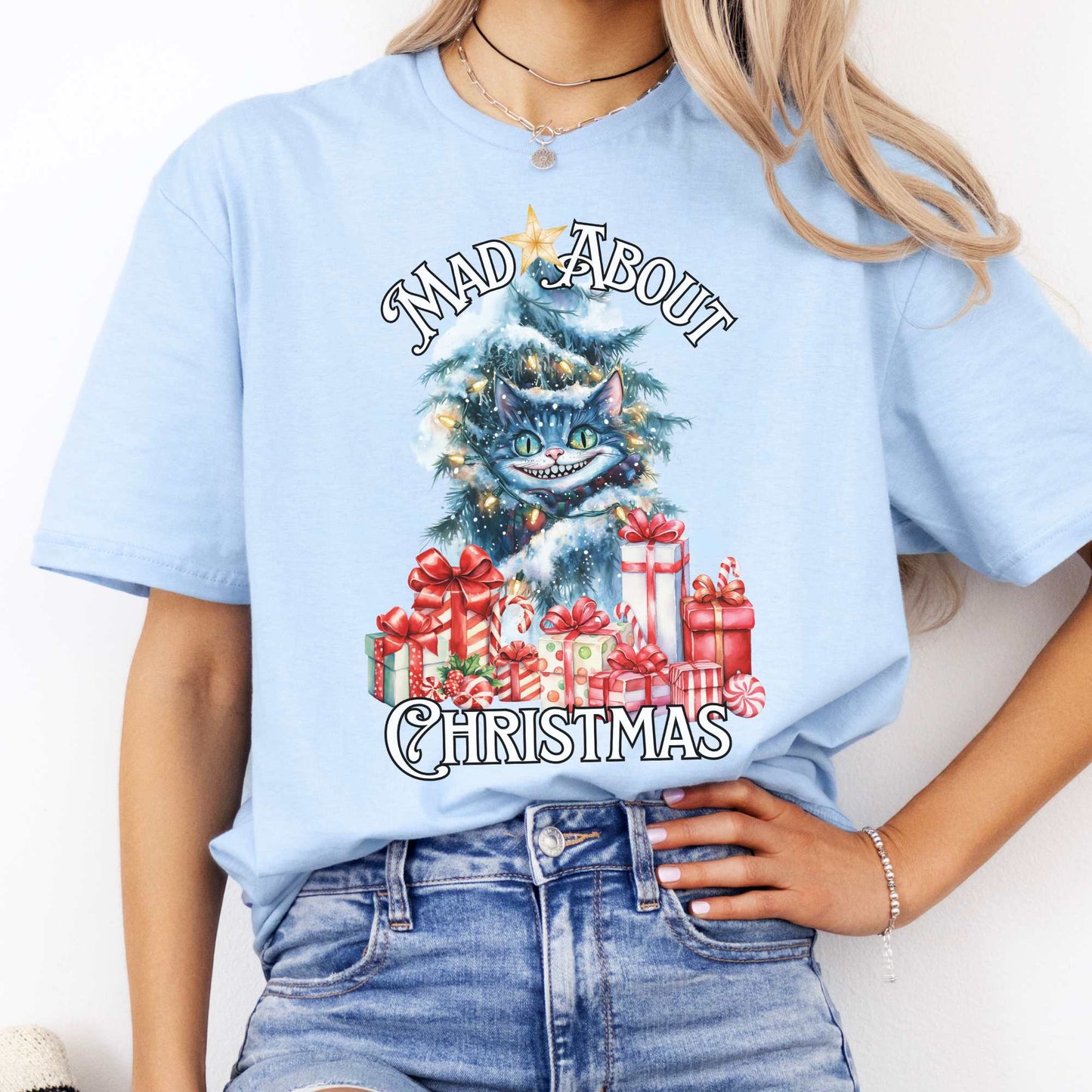 Cheshire Cat Mad About Christmas Tee Light Blue / S T-Shirt The Mystic Eden Bookish Book Lovers