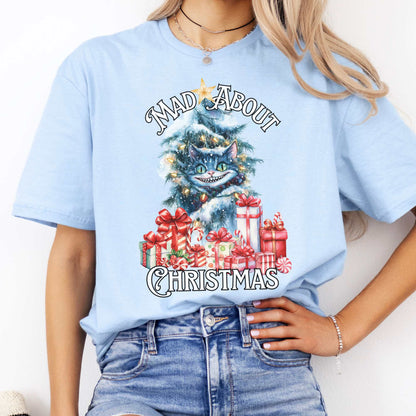 Cheshire Cat Mad About Christmas Tee Light Blue / S T-Shirt The Mystic Eden Bookish Book Lovers