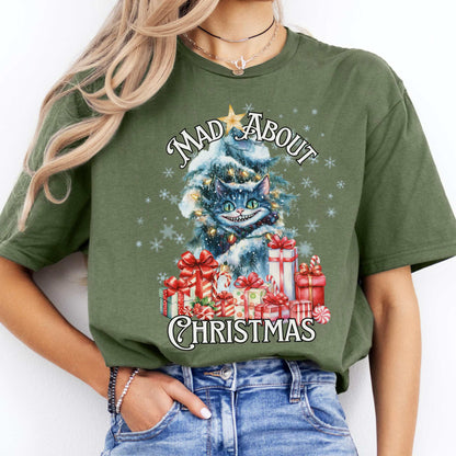 Cheshire Cat Mad About Christmas Tee Military Green / S T-Shirt The Mystic Eden Bookish Book Lovers