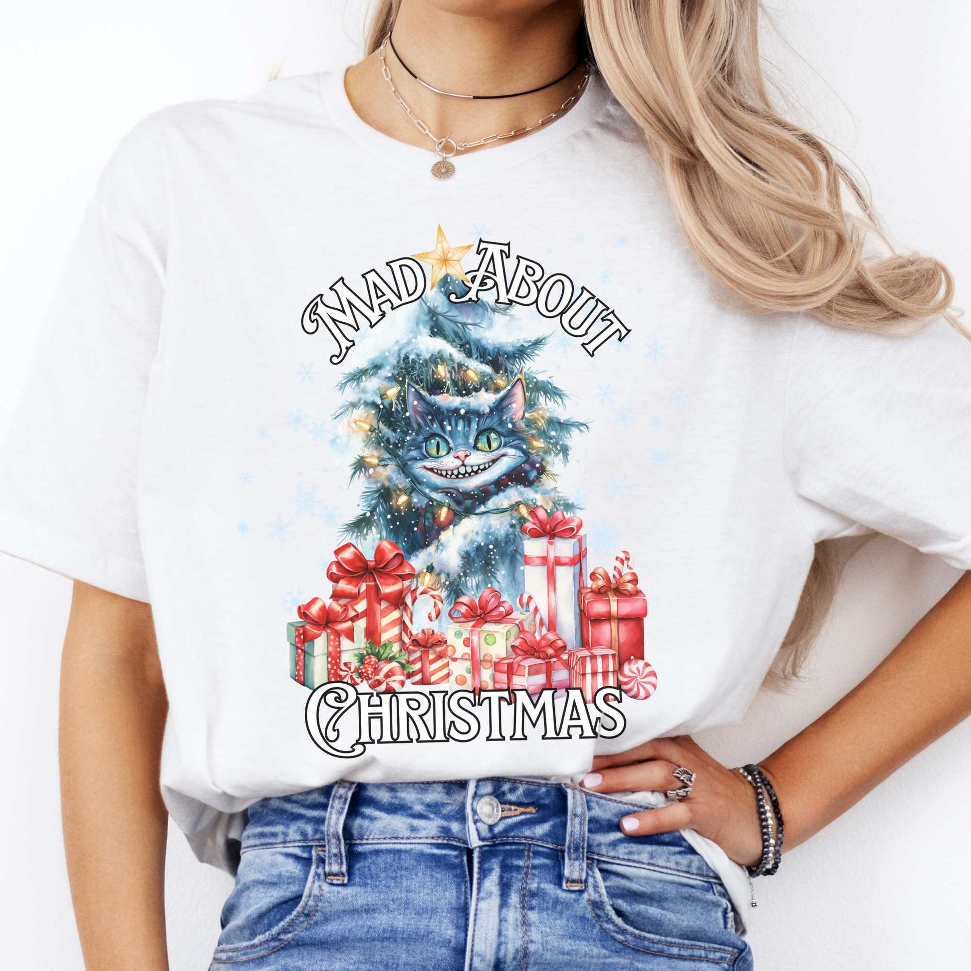 Cheshire Cat Mad About Christmas Tee White / S T-Shirt The Mystic Eden Bookish Book Lovers
