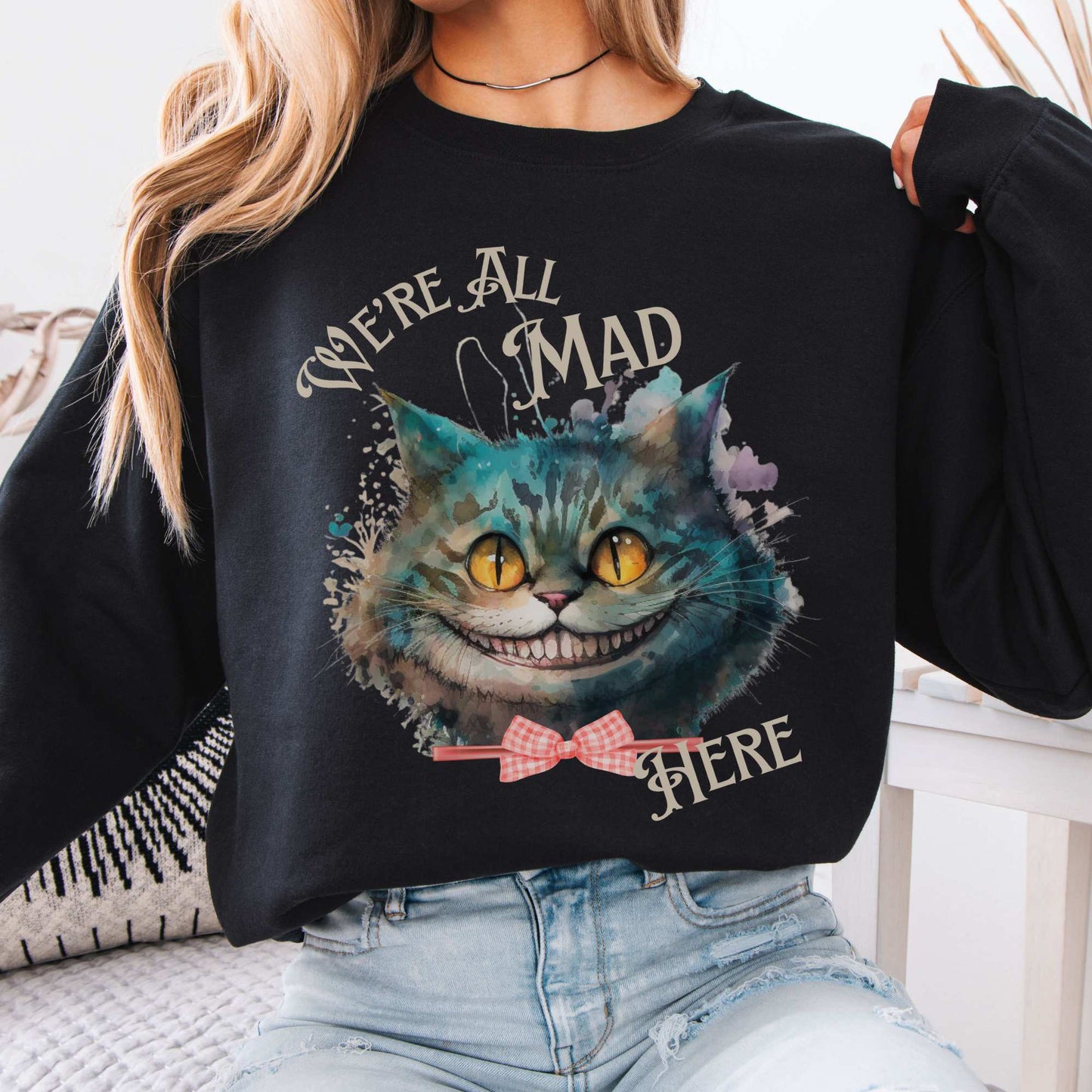 Cheshire Cat Sweatshirt Alice in Wonderland Sweater Black / S Sweatshirt The Mystic Eden Bookish Book Lovers