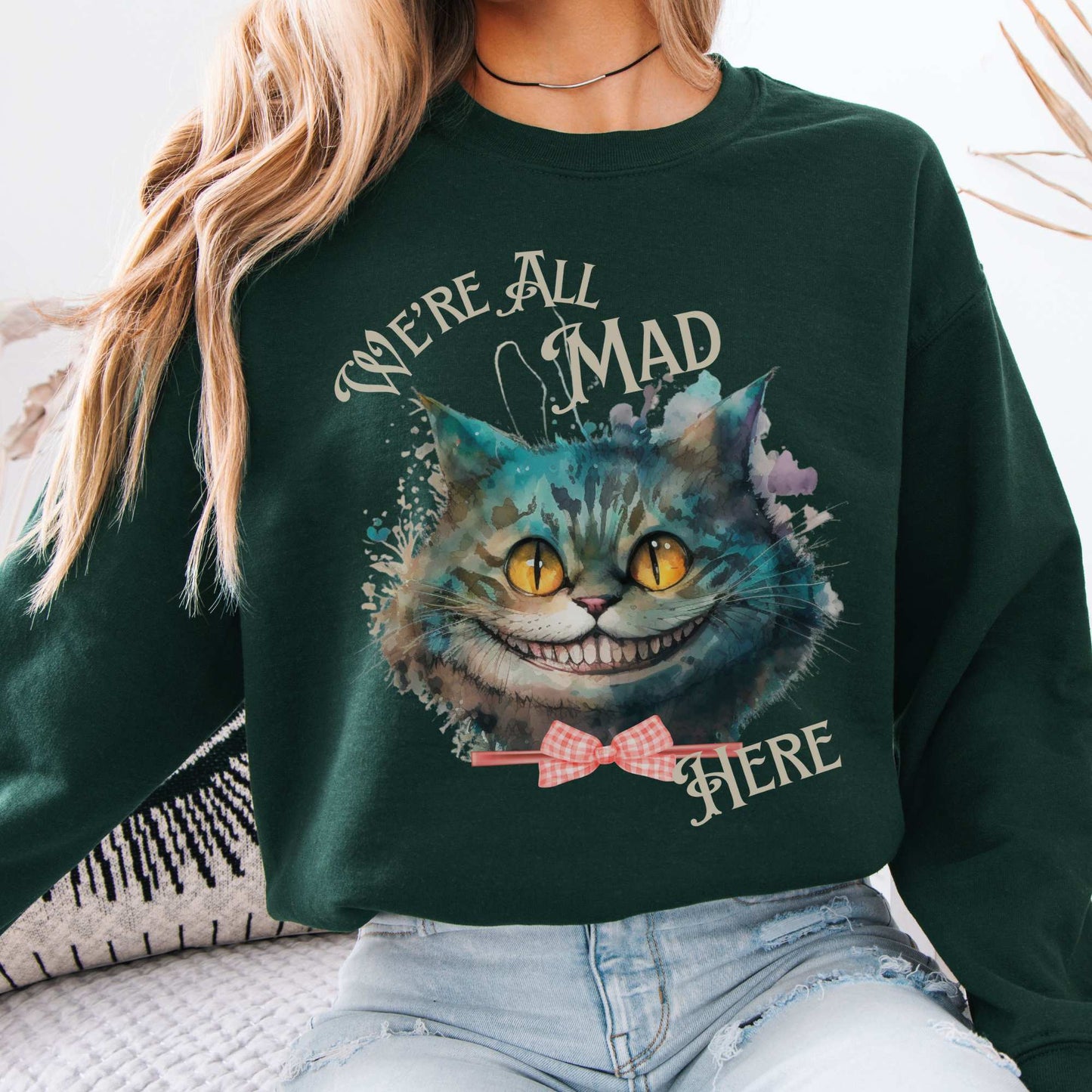 Cheshire Cat Sweatshirt Alice in Wonderland Sweater Forest Green / S Sweatshirt The Mystic Eden Bookish Book Lovers