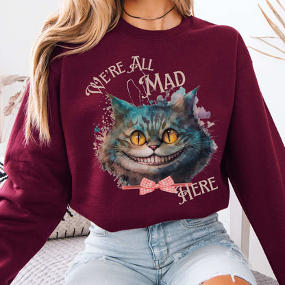 Cheshire Cat Sweatshirt Alice in Wonderland Sweater Maroon / S Sweatshirt The Mystic Eden Bookish Book Lovers