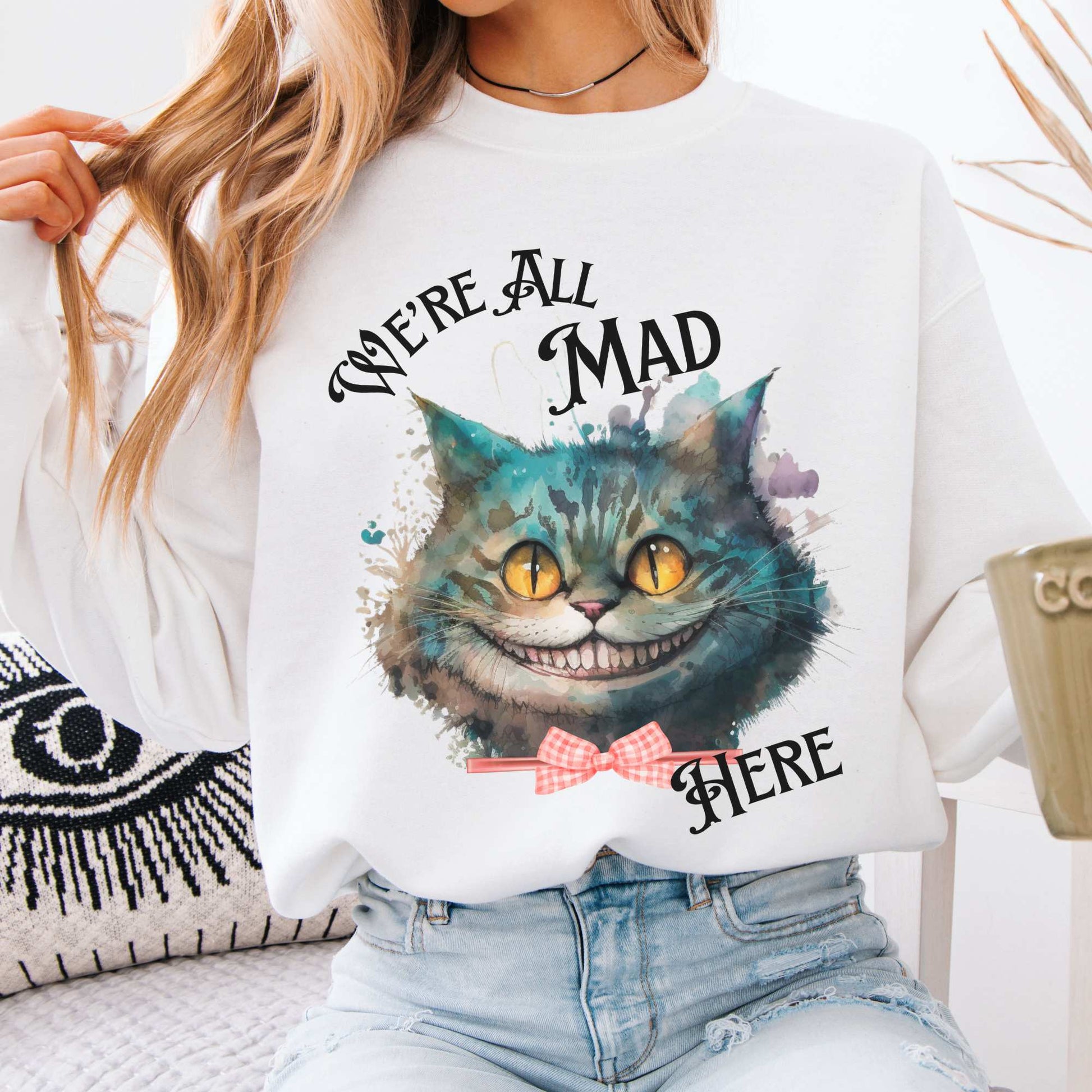 Cheshire Cat Sweatshirt Alice in Wonderland Sweater White / S Sweatshirt The Mystic Eden Bookish Book Lovers
