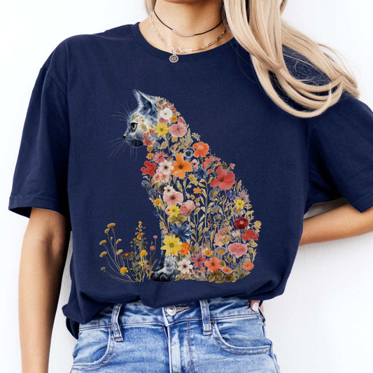 Cottagecore floral cat Shirt Navy / S T-Shirt The Mystic Eden Bookish Book Lovers