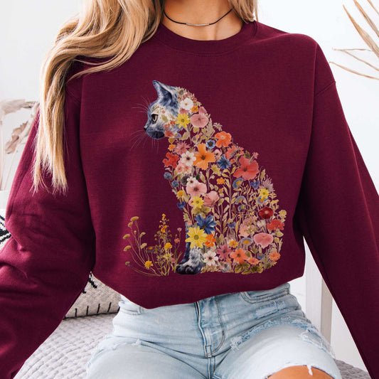 Cottagecore Floral Cat Sweatshirt Maroon / S Sweatshirt The Mystic Eden Bookish Book Lovers