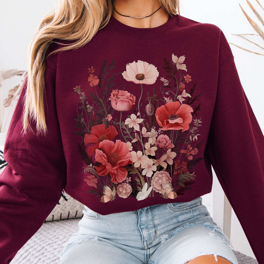 Cottagecore Pink Wildflower Sweatshirt Maroon / S Sweatshirt The Mystic Eden Bookish Book Lovers