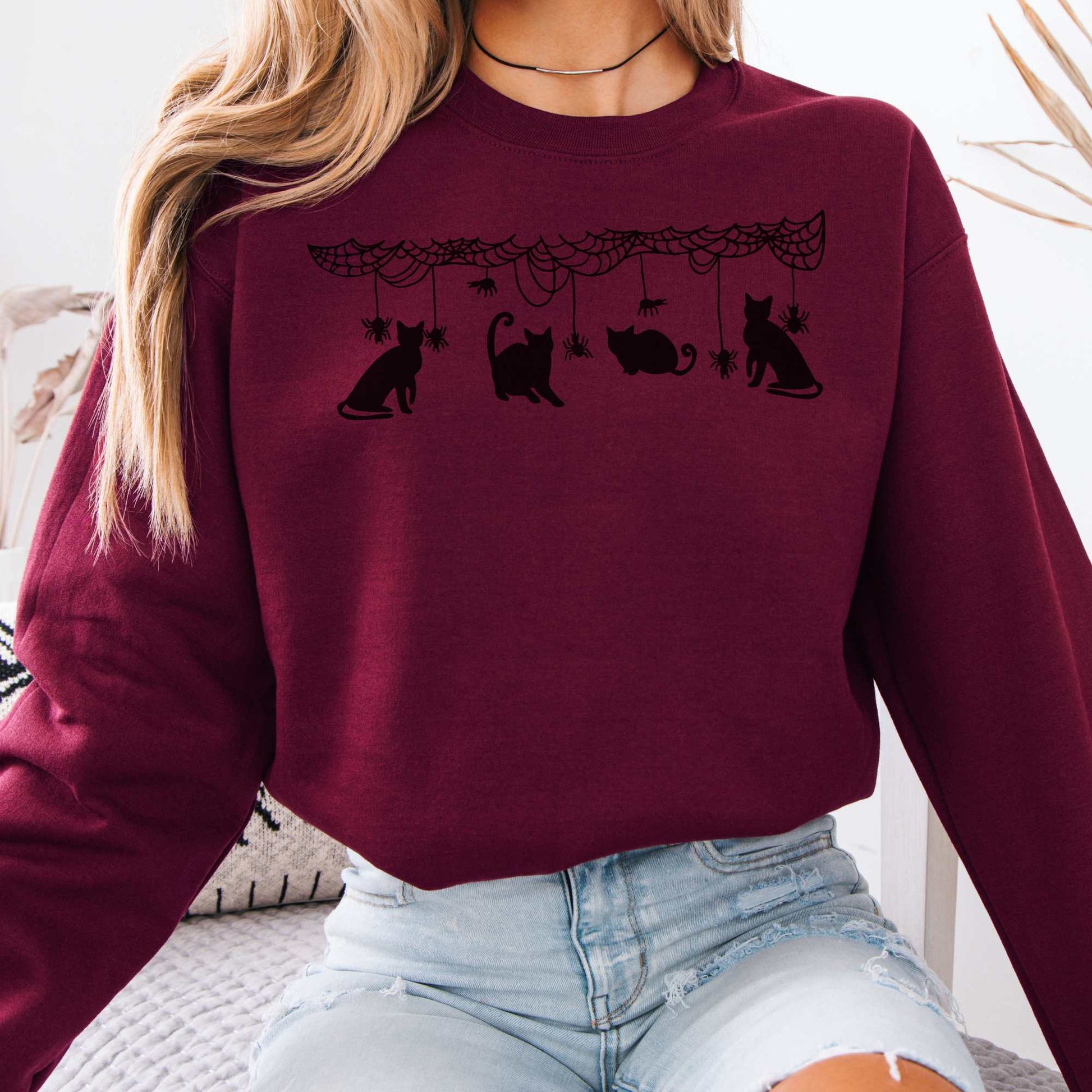 Cute Black Cats Playing Halloween Sweatshirt Maroon / S Sweatshirt The Mystic Eden Bookish Book Lovers