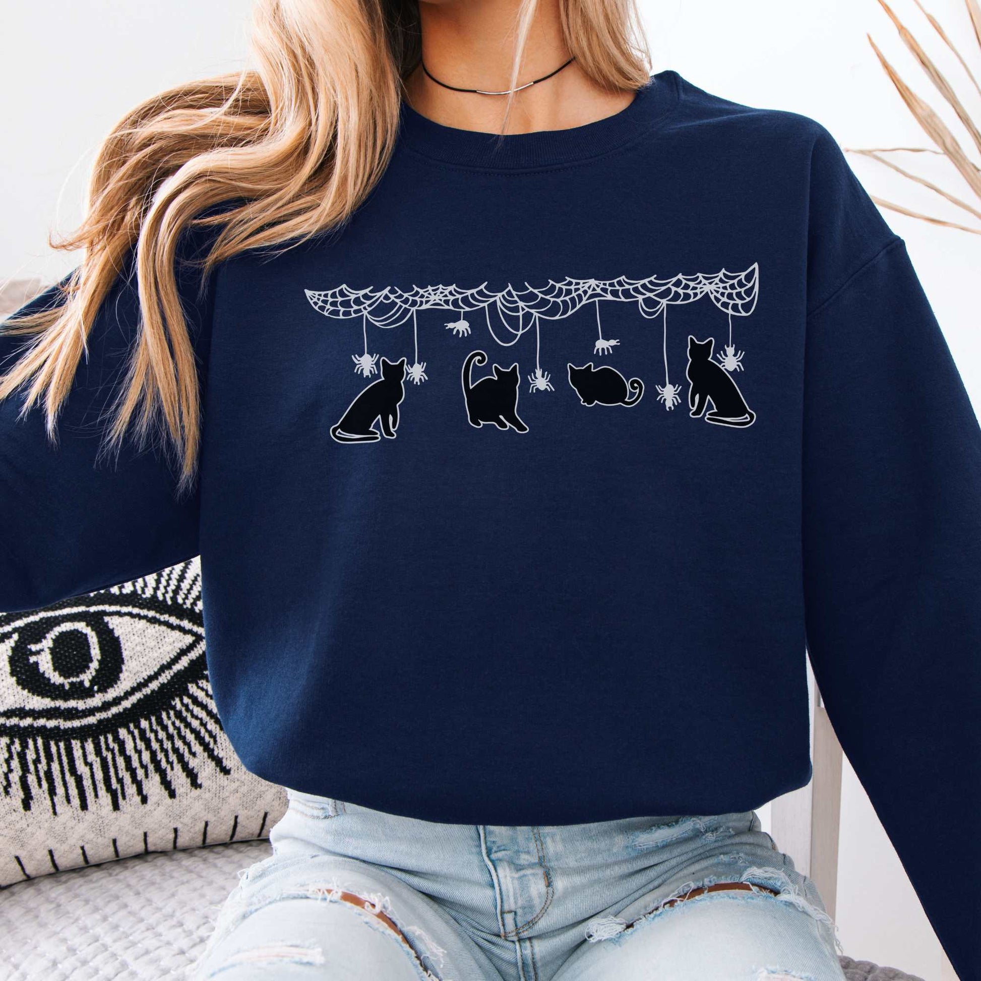 Cute Black Cats Playing Halloween Sweatshirt Navy / S Sweatshirt The Mystic Eden Bookish Book Lovers