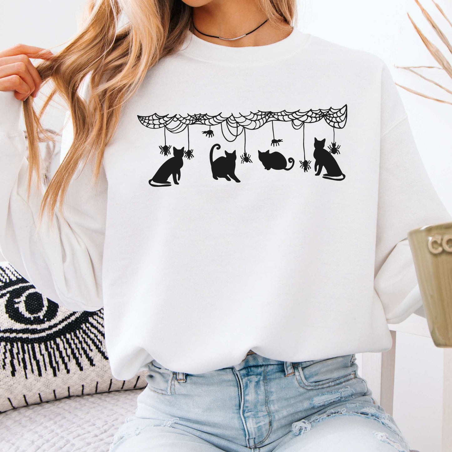 Cute Black Cats Playing Halloween Sweatshirt White / S Sweatshirt The Mystic Eden Bookish Book Lovers