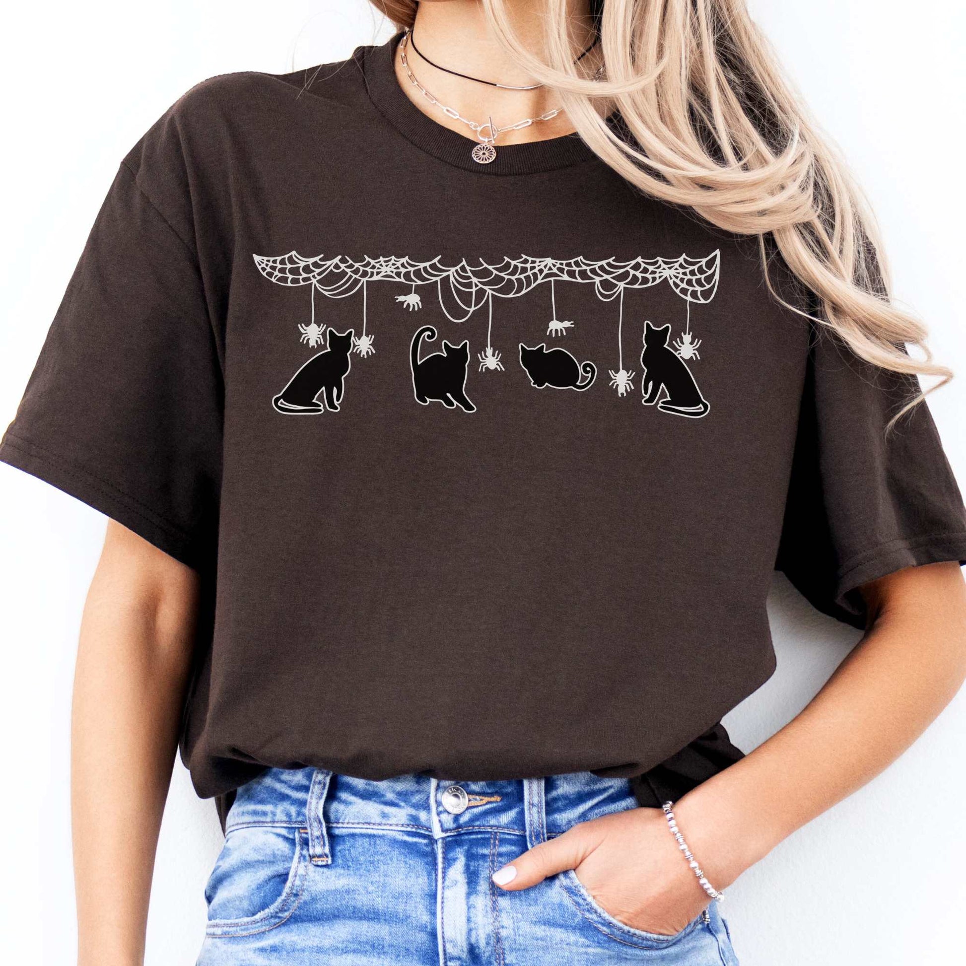 Cute Black Cats Playing Halloween T-Shirt Dark Chocolate / S T-Shirt The Mystic Eden Bookish Book Lovers