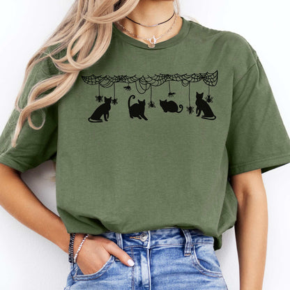 Cute Black Cats Playing Halloween T-Shirt Military Green / S T-Shirt The Mystic Eden Bookish Book Lovers
