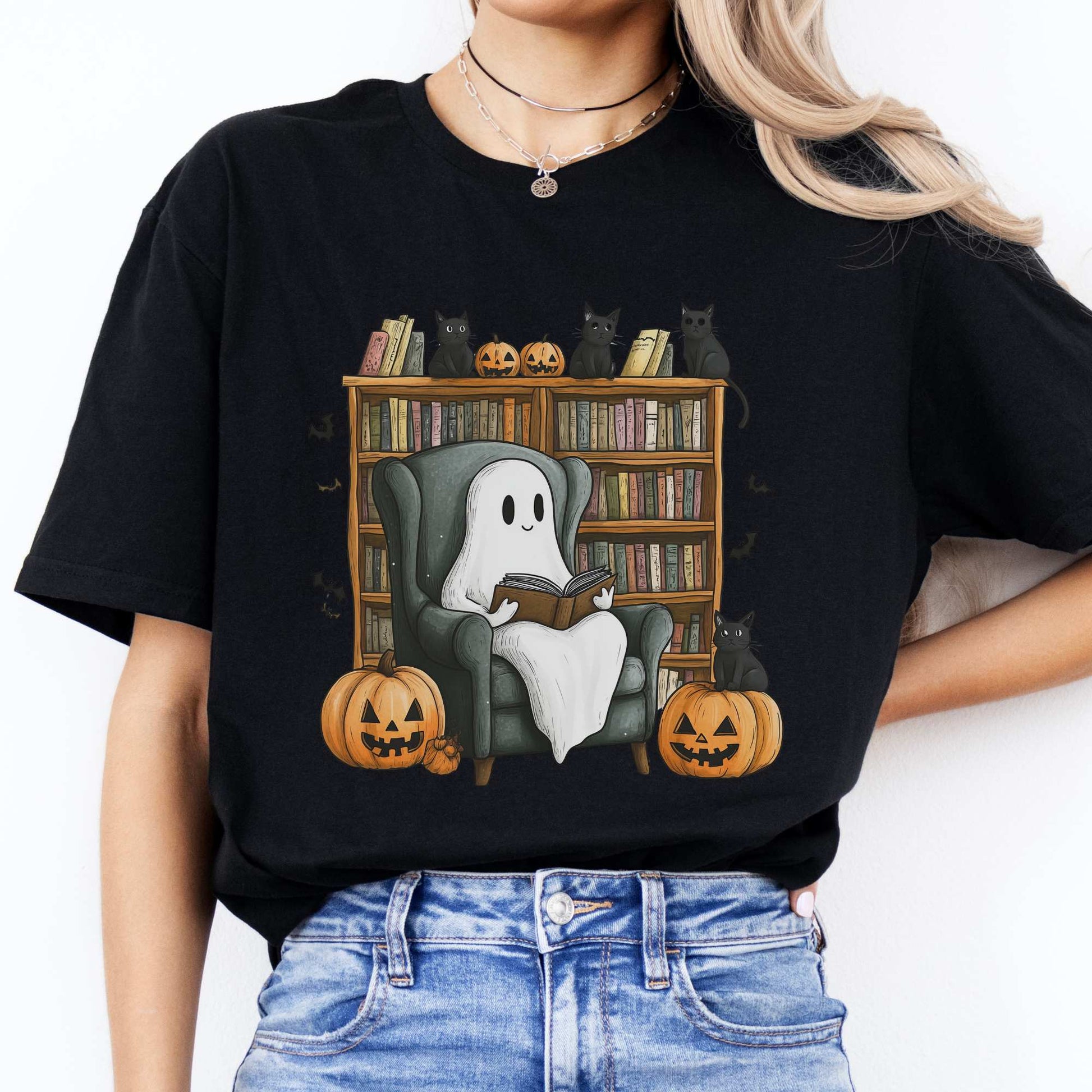 Cute Reading Ghosts & Black Cats Shirt Black / S T-Shirt The Mystic Eden Bookish Book Lovers