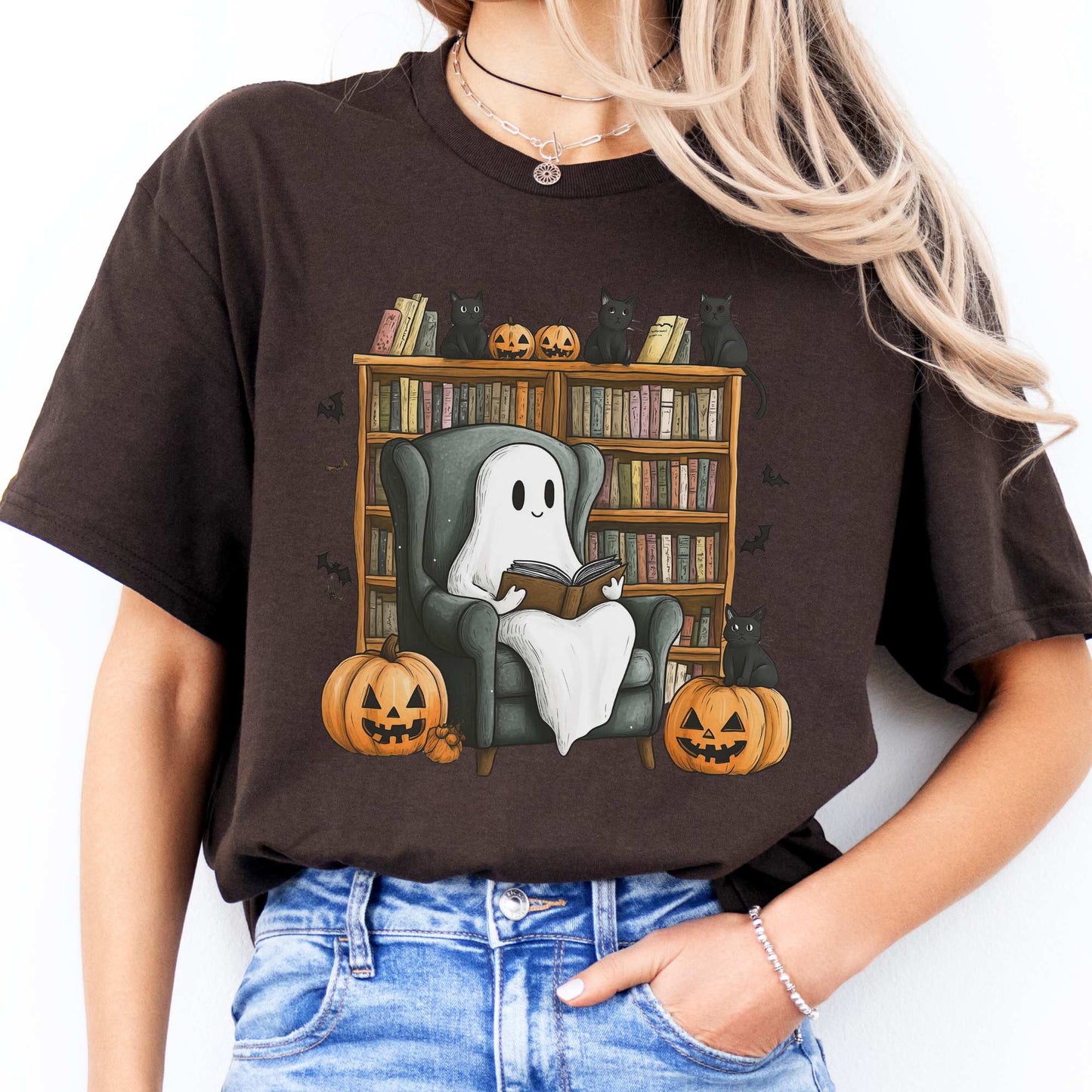 Cute Reading Ghosts & Black Cats Shirt Dark Chocolate / S T-Shirt The Mystic Eden Bookish Book Lovers