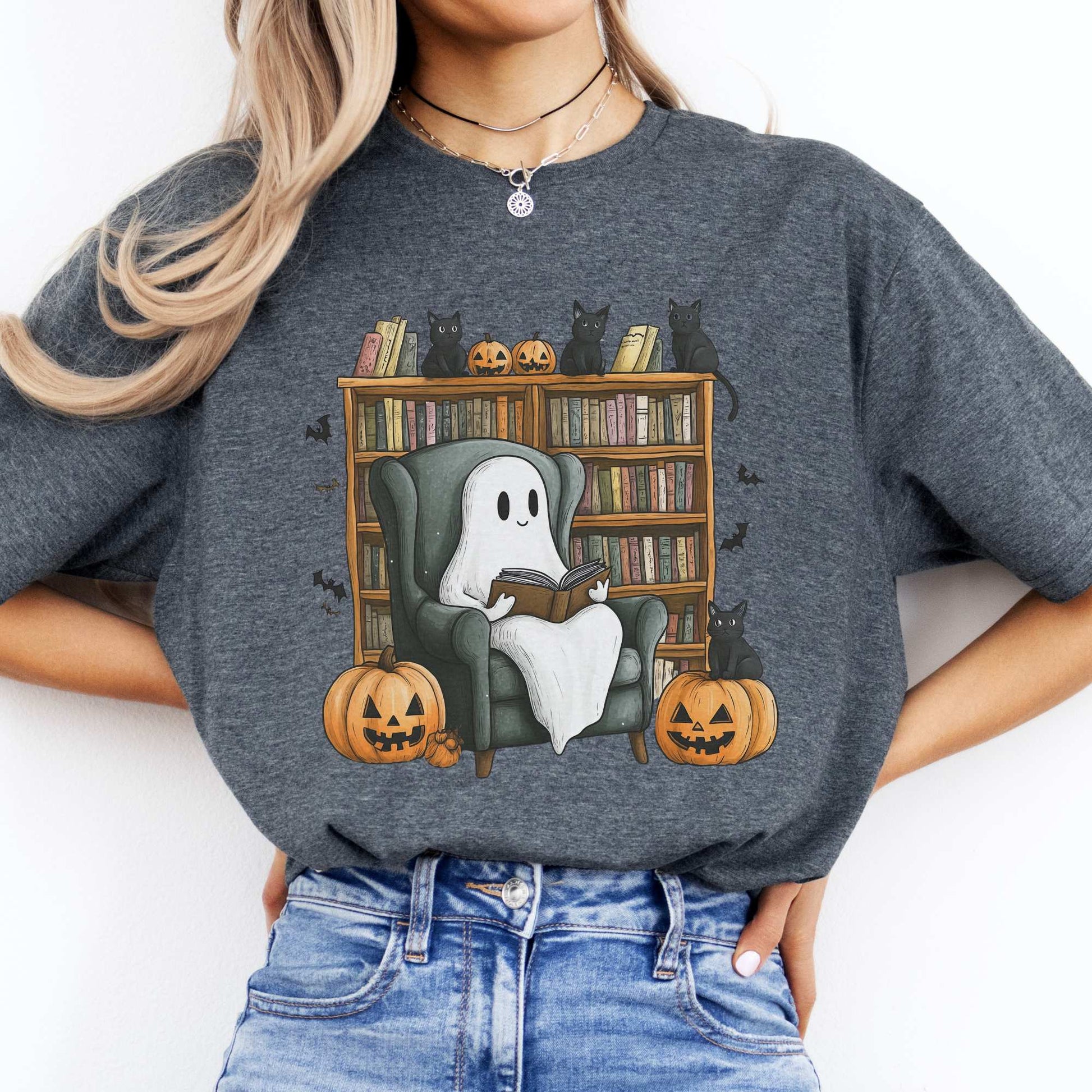 Cute Reading Ghosts & Black Cats Shirt Dark Heather / S T-Shirt The Mystic Eden Bookish Book Lovers