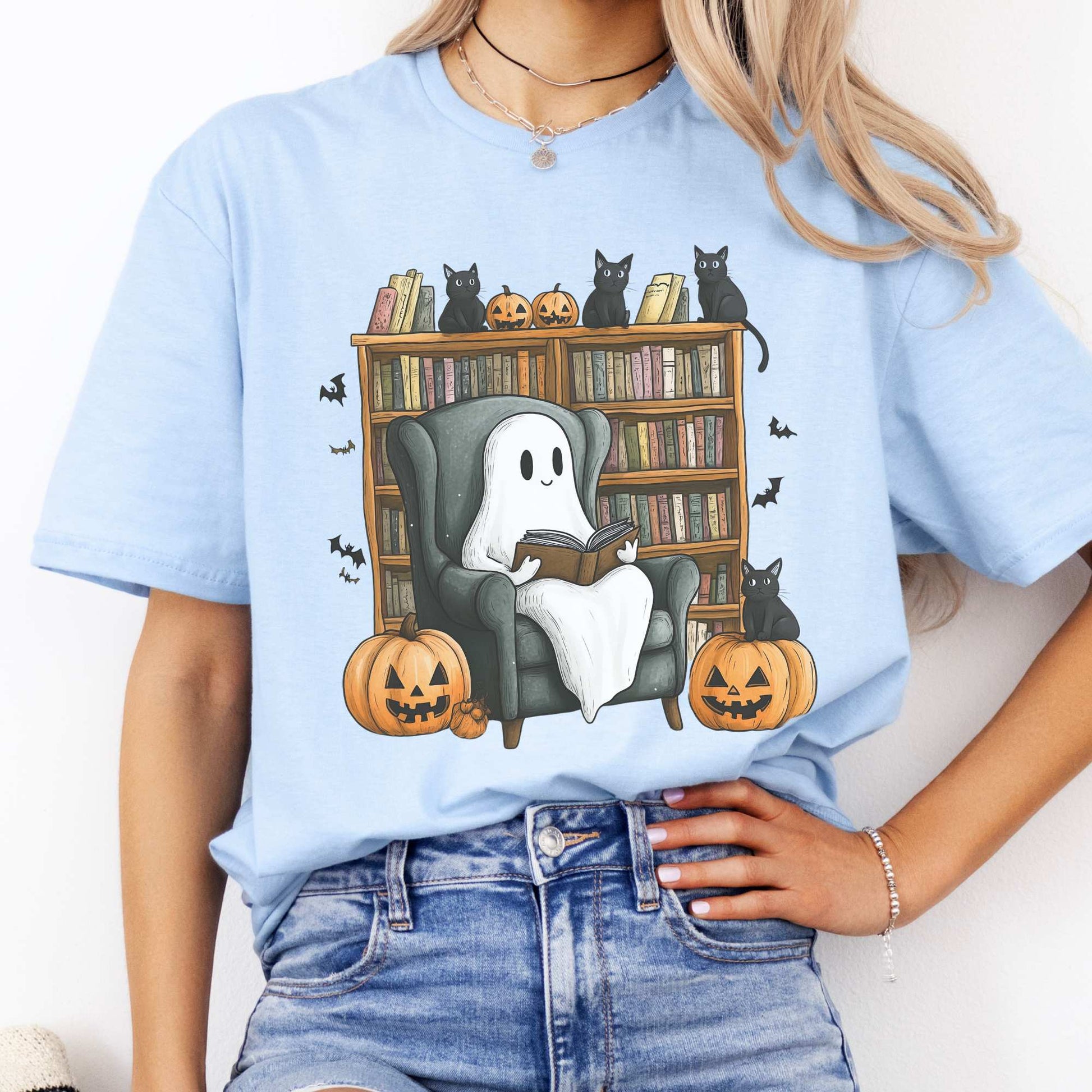 Cute Reading Ghosts & Black Cats Shirt Light Blue / S T-Shirt The Mystic Eden Bookish Book Lovers