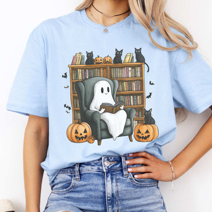 Cute Reading Ghosts & Black Cats Shirt Light Blue / S T-Shirt The Mystic Eden Bookish Book Lovers