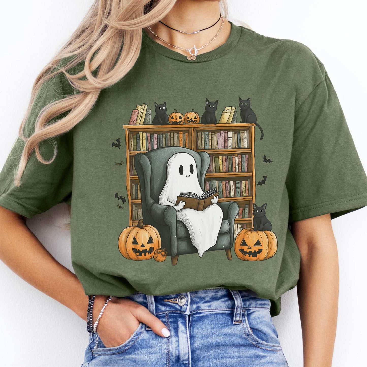 Cute Reading Ghosts & Black Cats Shirt Military Green / S T-Shirt The Mystic Eden Bookish Book Lovers