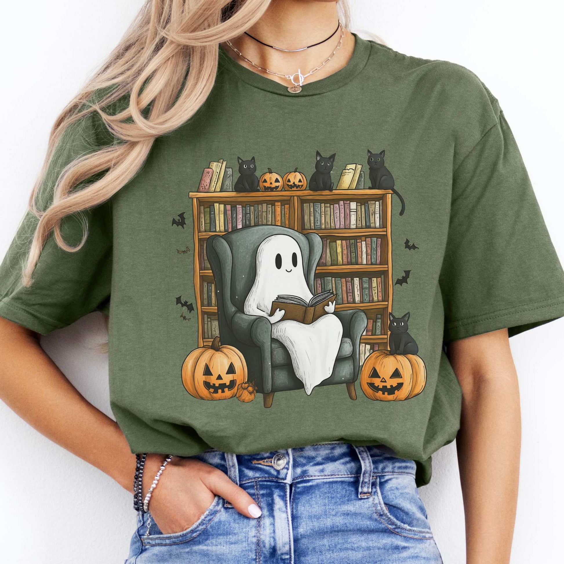 Cute Reading Ghosts & Black Cats Shirt Military Green / S T-Shirt The Mystic Eden Bookish Book Lovers
