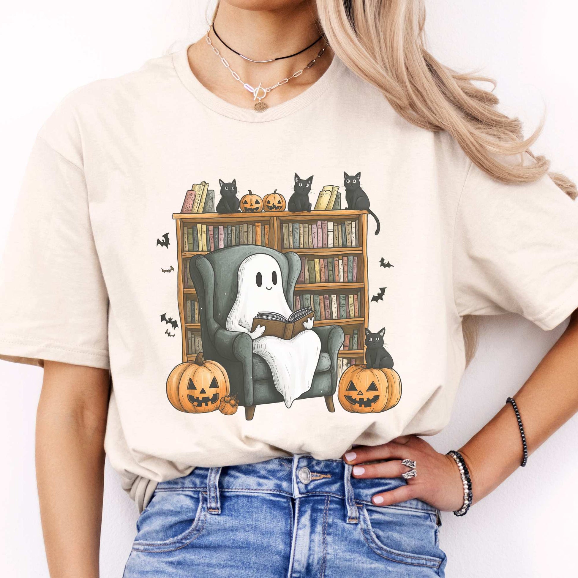 Cute Reading Ghosts & Black Cats Shirt Natural / S T-Shirt The Mystic Eden Bookish Book Lovers