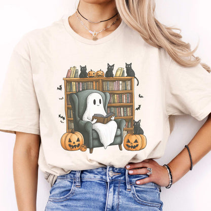 Cute Reading Ghosts & Black Cats Shirt Natural / S T-Shirt The Mystic Eden Bookish Book Lovers