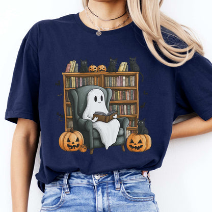 Cute Reading Ghosts & Black Cats Shirt Navy / S T-Shirt The Mystic Eden Bookish Book Lovers