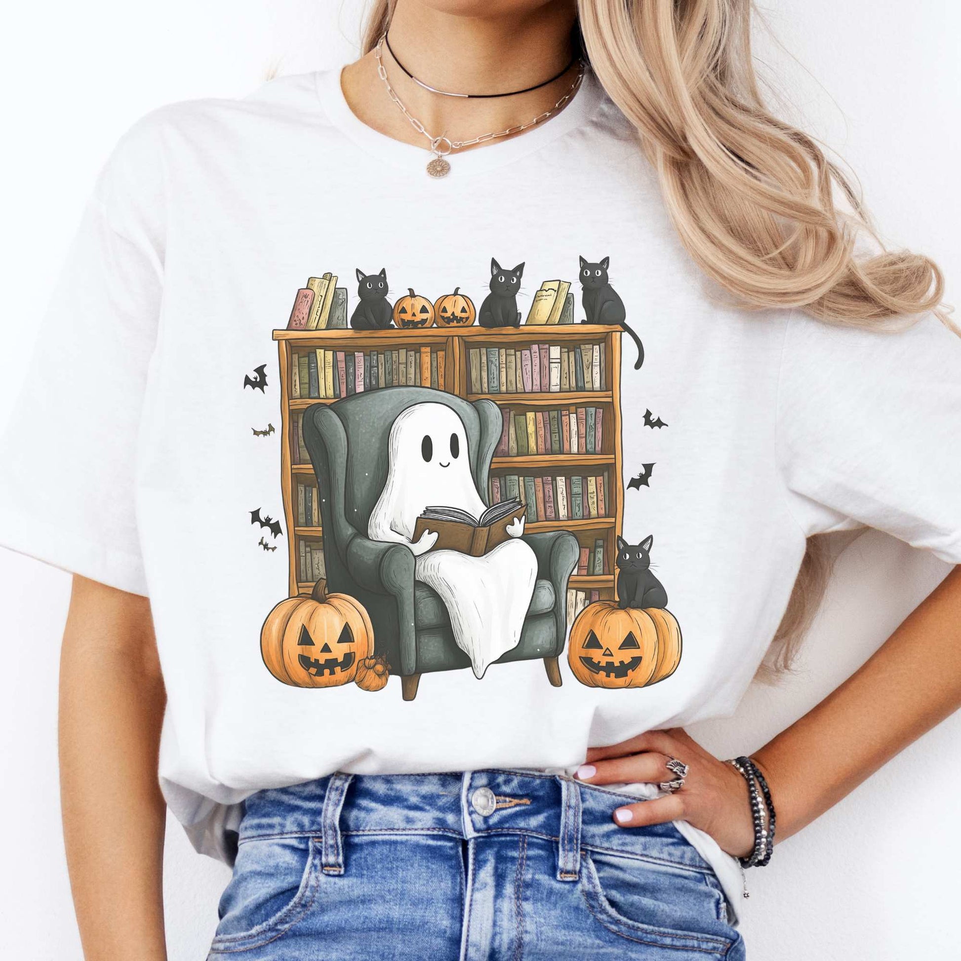 Cute Reading Ghosts & Black Cats Shirt White / S T-Shirt The Mystic Eden Bookish Book Lovers