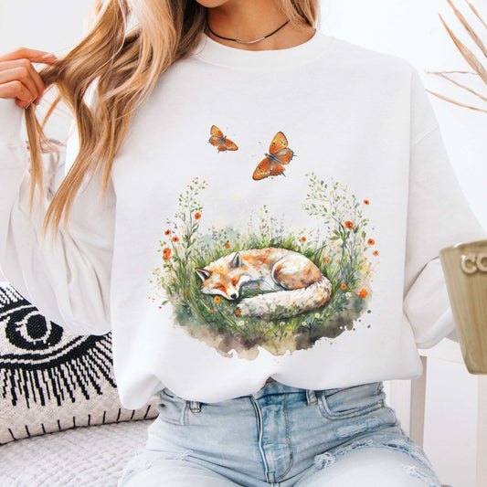 Cute Sleeping Fox Cottagecore Sweatshirt White / S Sweatshirt The Mystic Eden Bookish Book Lovers