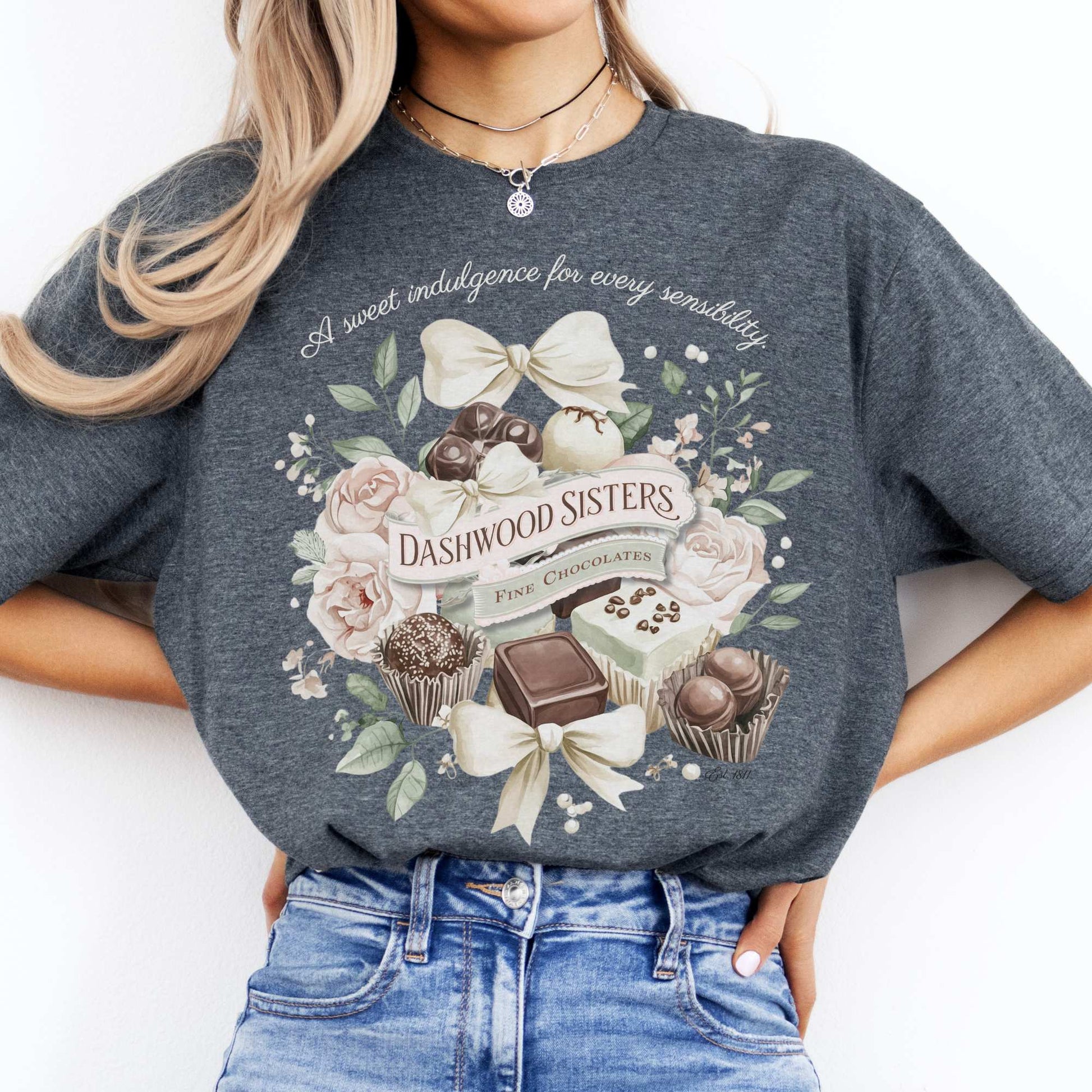 Dashwood Sisters Fine Chocolates Sense and Sensibility Jane Austen Shirt Dark Heather / S T-Shirt The Mystic Eden Bookish Book Lovers