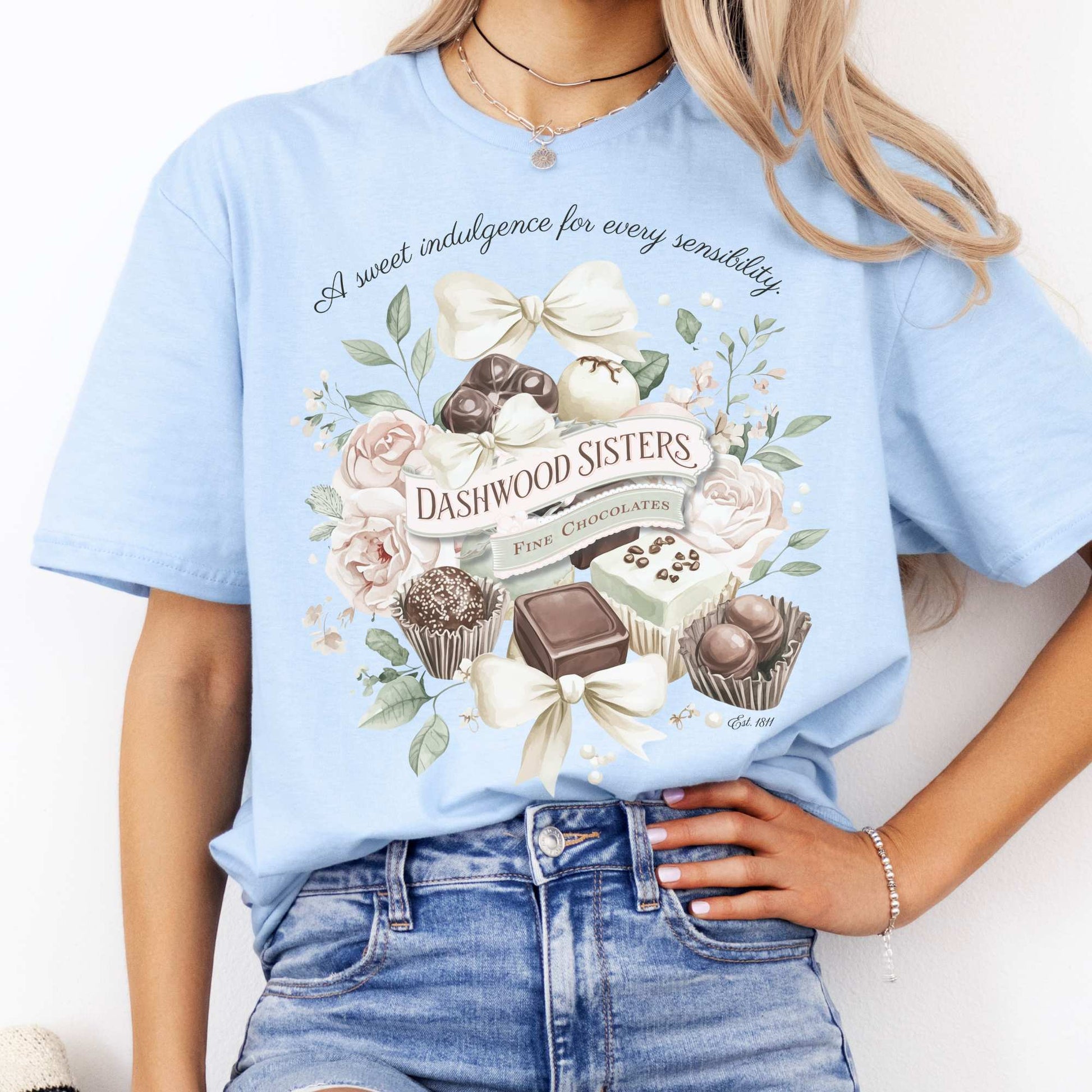 Dashwood Sisters Fine Chocolates Sense and Sensibility Jane Austen Shirt Light Blue / S T-Shirt The Mystic Eden Bookish Book Lovers