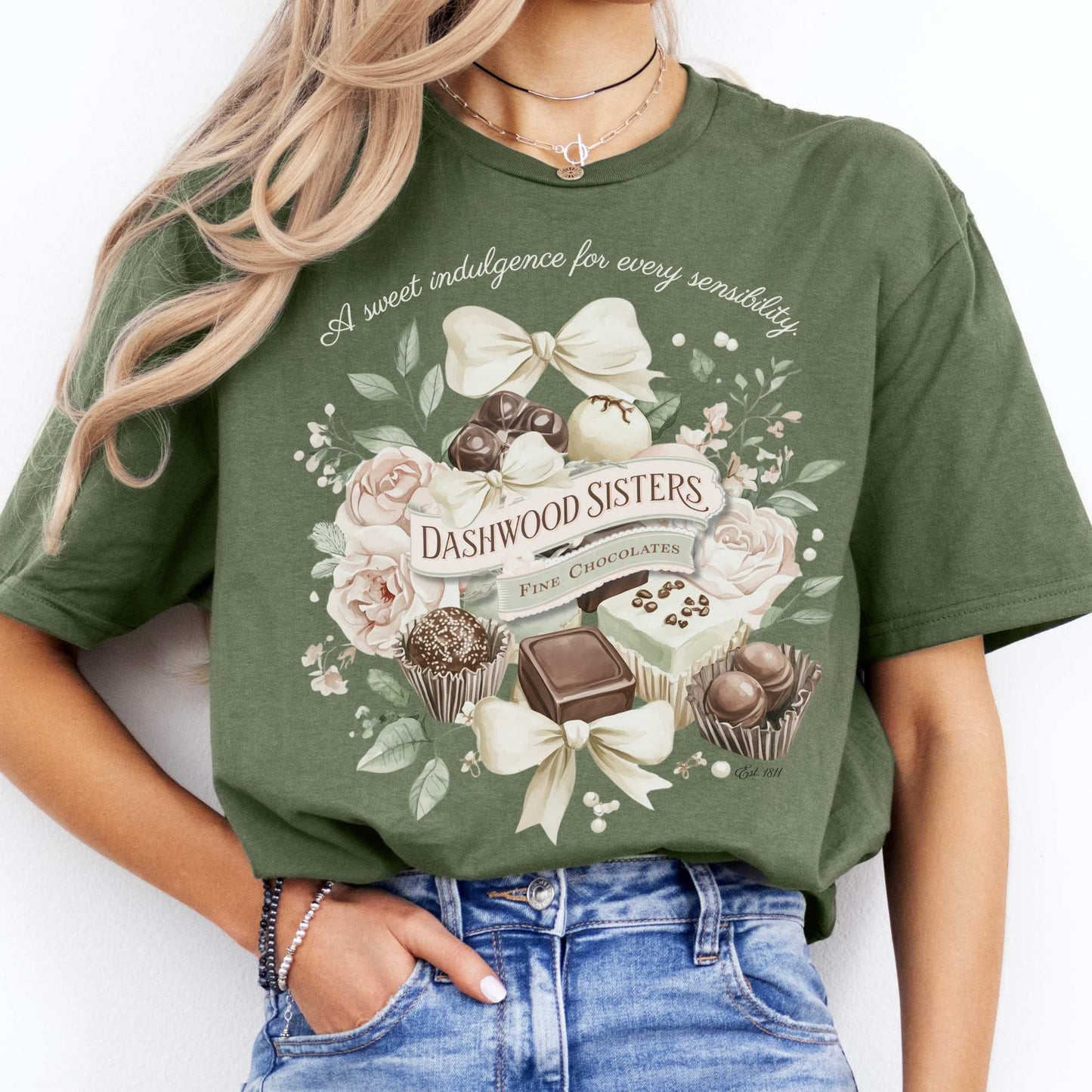 Dashwood Sisters Fine Chocolates Sense and Sensibility Jane Austen Shirt Military Green / S T-Shirt The Mystic Eden Bookish Book Lovers